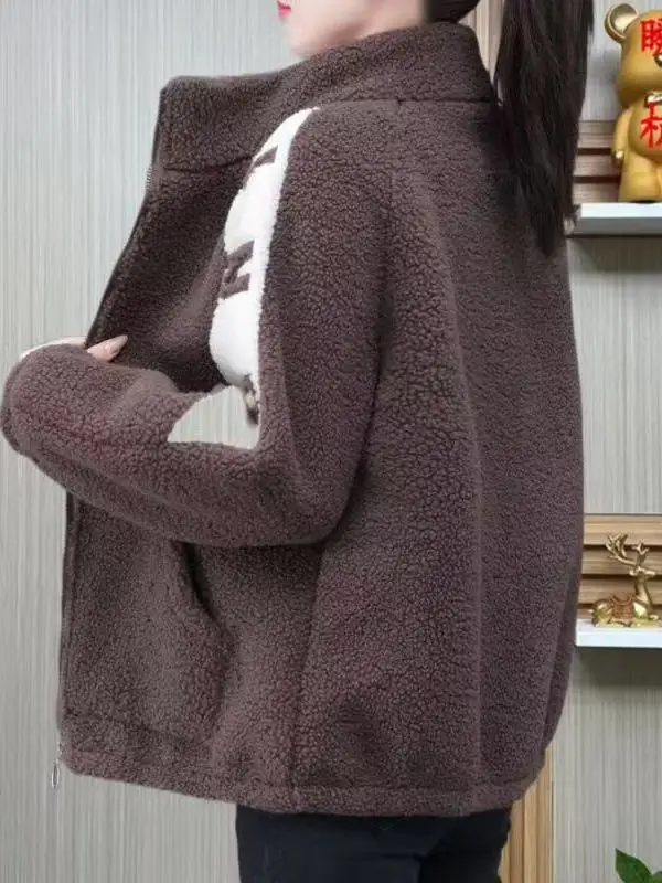 

Зимняя хлопковая куртка из овечьей шерсти с начесом, высоким воротником, вышивкой букв, повседневного свободного кроя, на молнии...