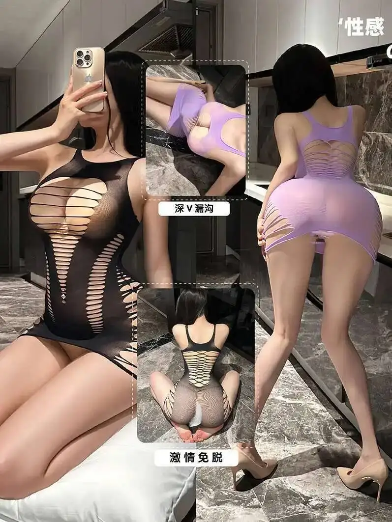 Sexy Plus Size Flirting Fishnet Dress Elegant Open Crotch Hollow Design Mesh Lace Sheer Hot Sexy Slim Women Mini Dress Tops S57I