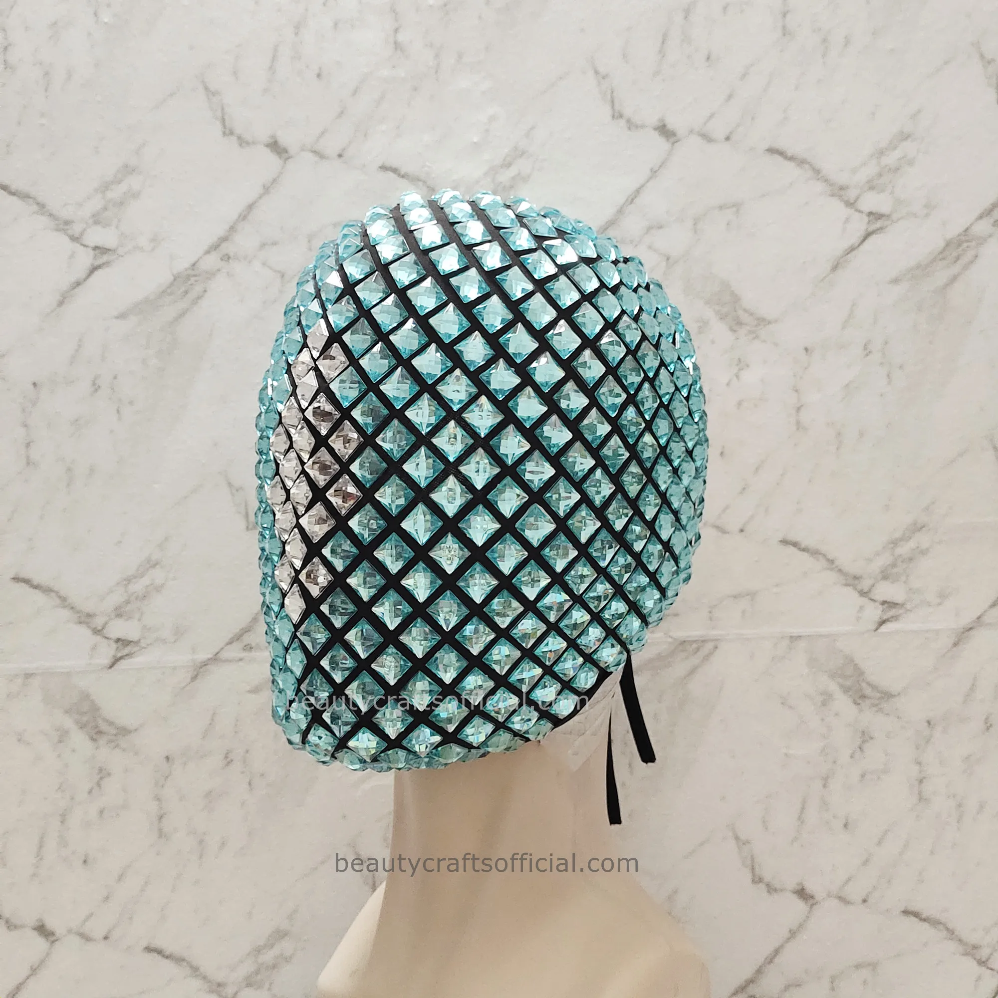 Unique Design Square Jewels Handmade Full Coverage Haute Couture Stones Mask Covered in Aqua and White Square Jewels