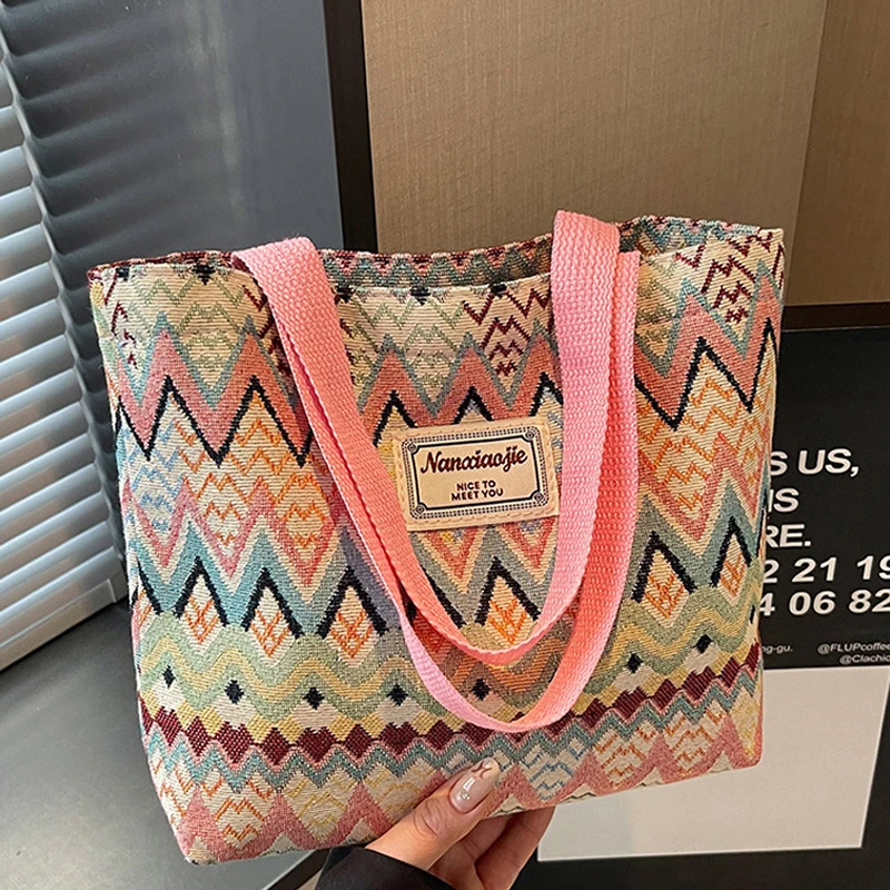 Bohemian Ethno-Stil Geometrischer Druck Canvas-Umhängetasche, Bunte Zickzack-Muster-Handtasche für Damen, Leichte Pendler-Tragetasche – Detail 15