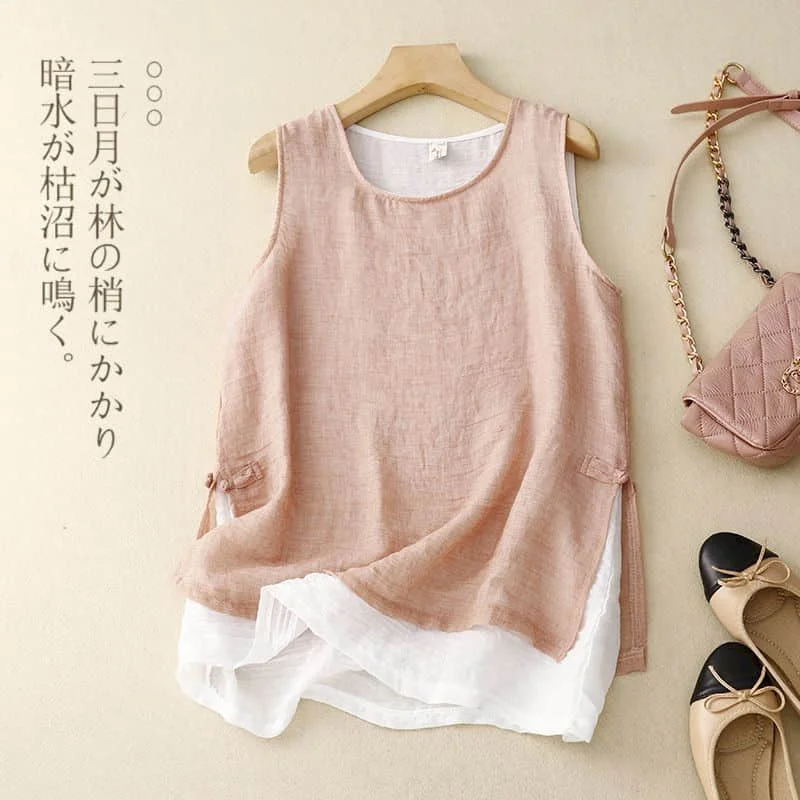 Stylish Vests Cotton Linen O-neck Loose Casual Korean Style Sleeveless Mesh Splicing Shirts 2026 New Summer Sale Women Clothing