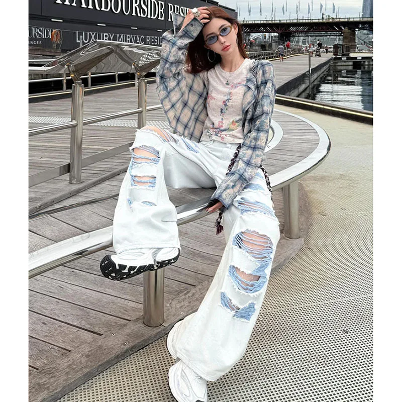 Moda Joker Jeans strappati unici e cool Donna Primavera ed estate Pantaloni a gamba larga con tasca con cerniera da donna, marea sottile e fresca