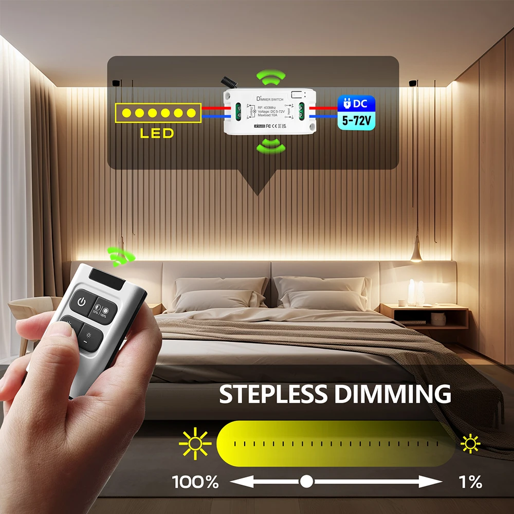 433 Mhz RF Wireless Dimmer Light Switch Remote Control Dc 5v 12v 24v 72v Dimmer Mini Relay Receiver for Dc Motor Led Light Lamp