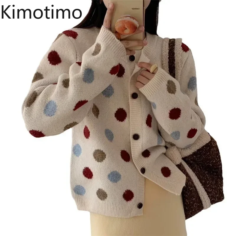 Kimotimo Polka Dot Knitted Cardigan Women Autumn Winter Vintage Single Breasted Sweater Coat Sweet Casual Long Sleeve Crop Tops