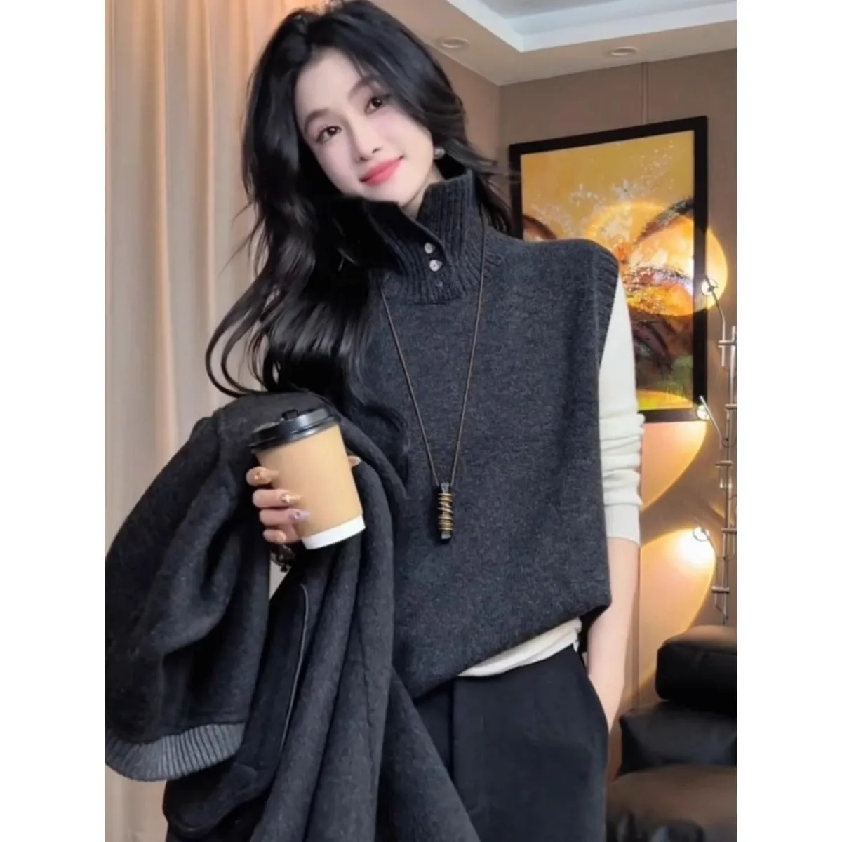 

Вязаный свитер High Ne, жилет, женский повседневный свободный крой, длинный све, внутренняя одежда, многослойная мода, осень-зима, отдых