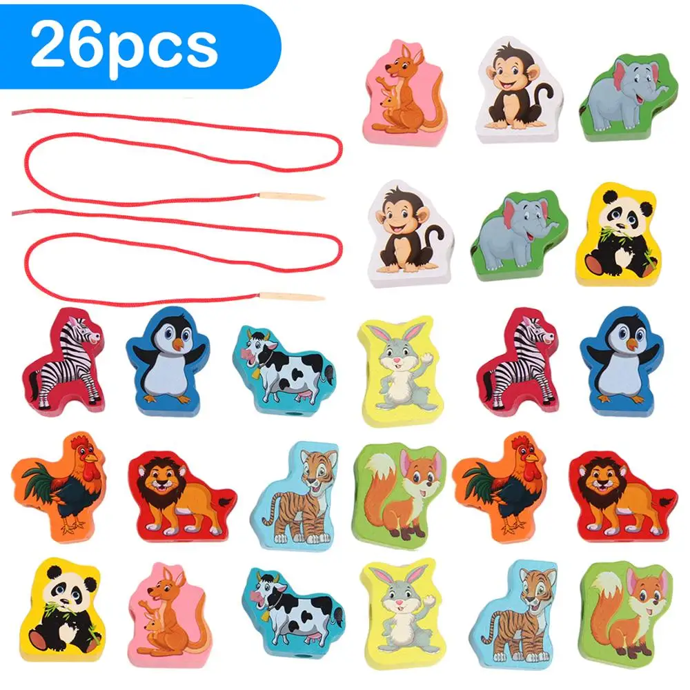 Kids 26pcs Montessori DIY Colored Wooden Cartoon Animals Shaped String Threading Lacing Beads Beading Game Jewelry Making Toys