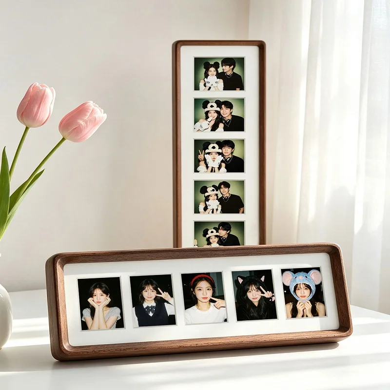 Rounded Corner Solid Wood Collage Photo Frame Multi‑Slots Long Picture Frame Walnut Wood Desktop Photo Display Home Ornament