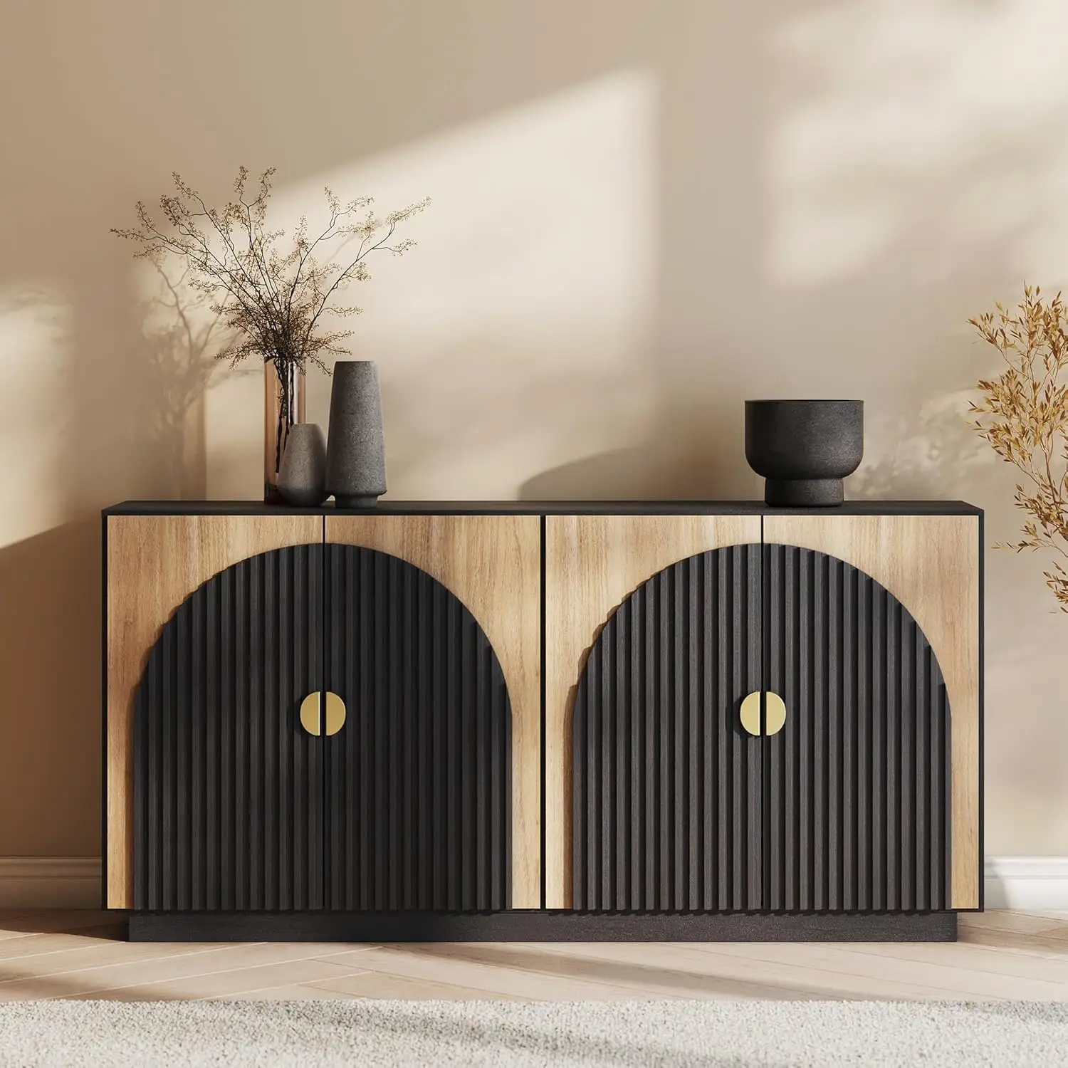 65 Inch Fluted Buffet Cabinet with Storage, Symmetrical Arc Accent Sideboard Large Console Table for Dining Room, Kitchen, and L