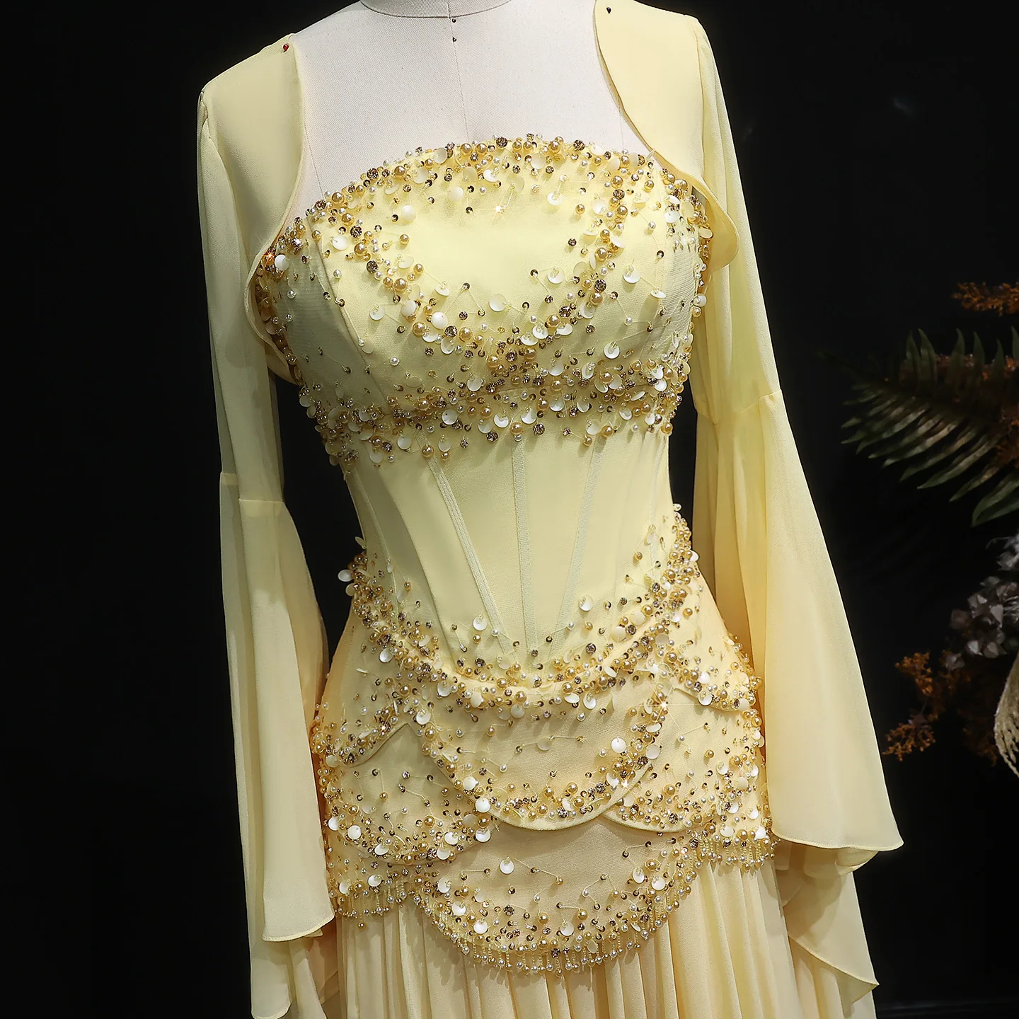 Sharon Said Elegantes Weinrot-Gelbes Abendkleid aus Chiffon mit Futter, Jacke und ausgestellten Ärmeln, Luxus SS286 SSCustomize – Detail 16