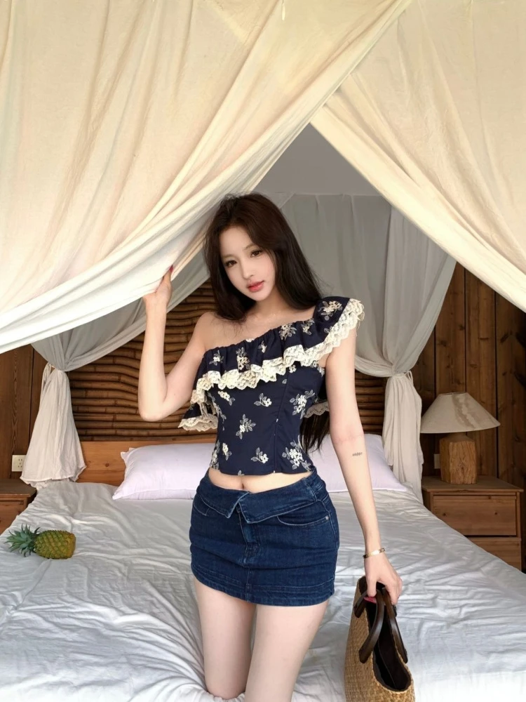 

Women Elegant Floral Off Shoulder Crop Top Summer Fashion Slimming Ruffle Hem Blouse Female