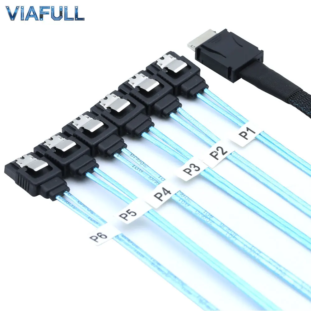 OCuLink SFF-8611 4i to 6x SATA 7Pin Female Cable, 12Gbps PCIe SAS Server HDD Breakout Adapter, 32AWG Copper High-Speed Harness