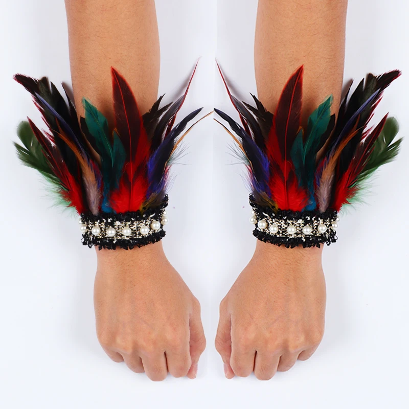 Puños de plumas de gallo naturales para mujer, muñequeras desmontables, calentador de brazos, accesorios góticos para fiesta Rave, manchette de