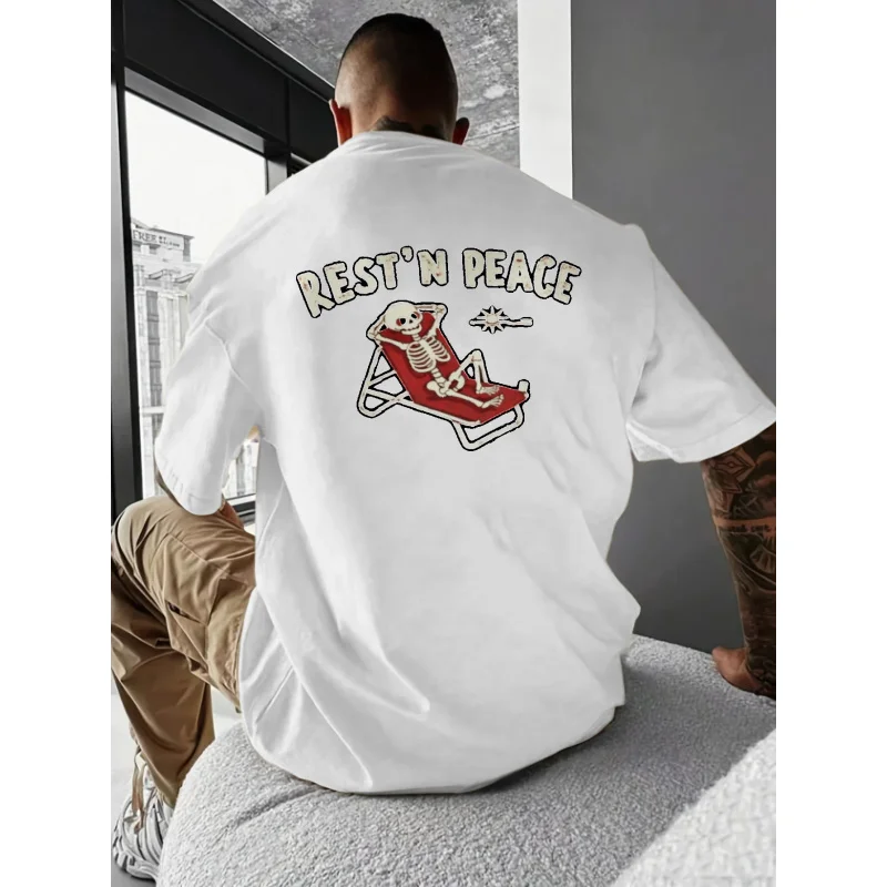 تي شيرت رجالي أبيض من Rest N Peace Skeleton Sunbathing مطبوع عالي الجودة من القطن 180 جرام