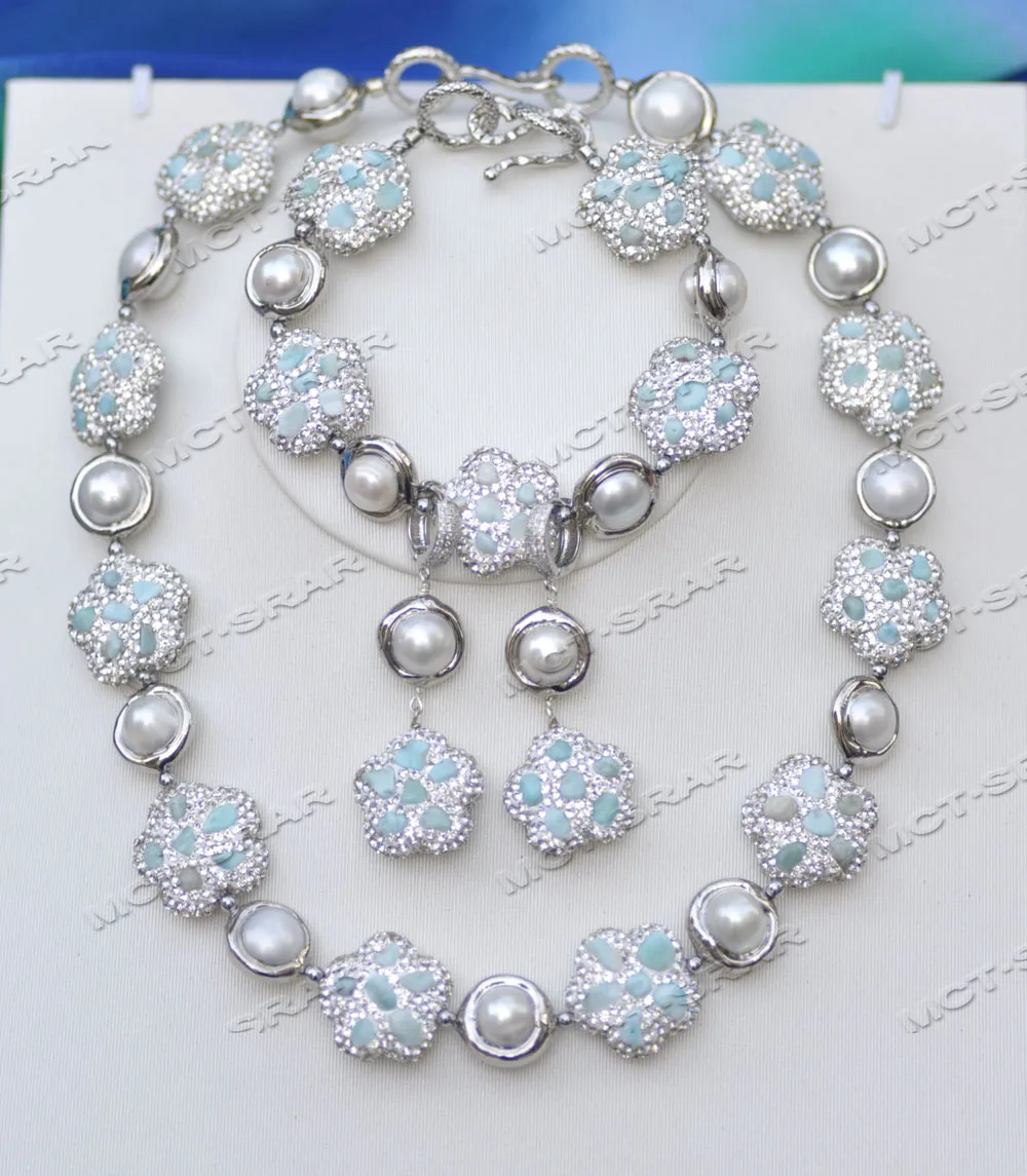 Z11656 Set 20mm Aquamarine Flower CZ White Pearl Plating Silver Necklace Bracelet Earring