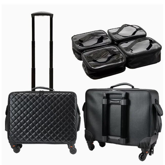 Wheeled Carry on Large Capacity Nail & Permanent Makeup Train CaseProfessional Makeup Artist Makeup Case with Diamond-Patterned