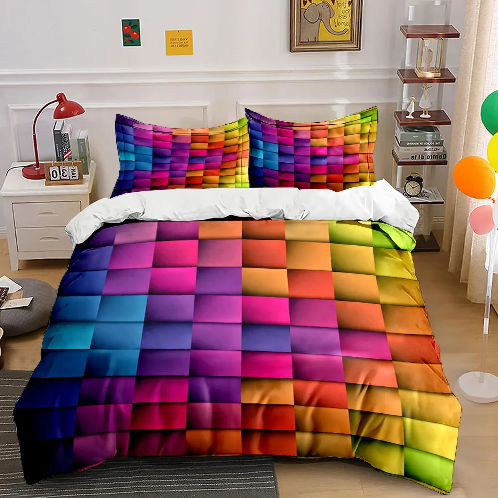 

3D Gradient Colorful Blocks Print Bedding Set 1 Duvet Cover 2 Pillowcases for Adult and Children Luxury Gift Full Size
