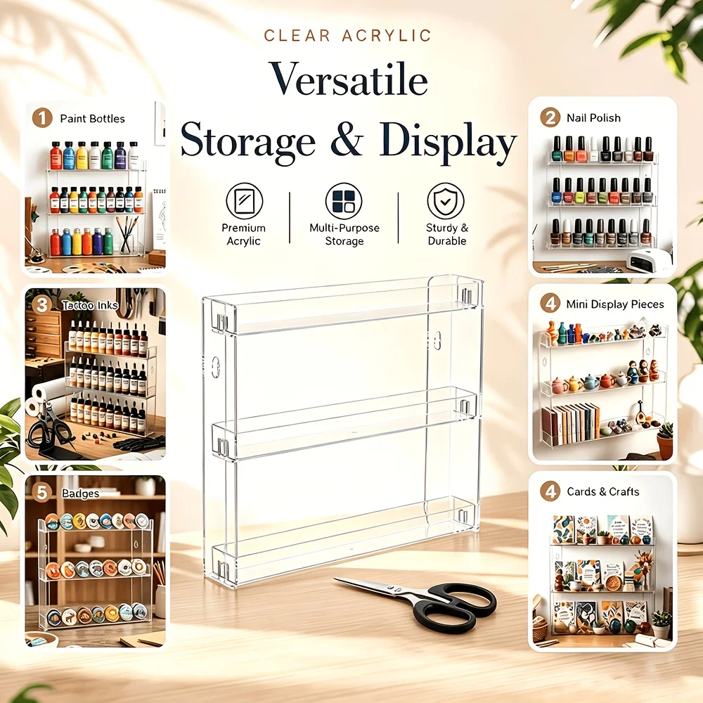 3‑Layer Acrylic Nail Polish Rack with Scissors, Holds 120 Bottles, Wall Desktop Storage for Nail Polish and Craft Paint Supplies
