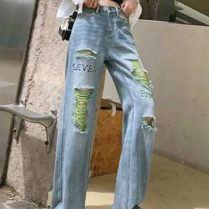 

Cowboy Pants for Woman 2025 Fashion Letter Women's Ripped Jeans A Harajuku New In Korean Style Shiny R Trend With Holes Trousers