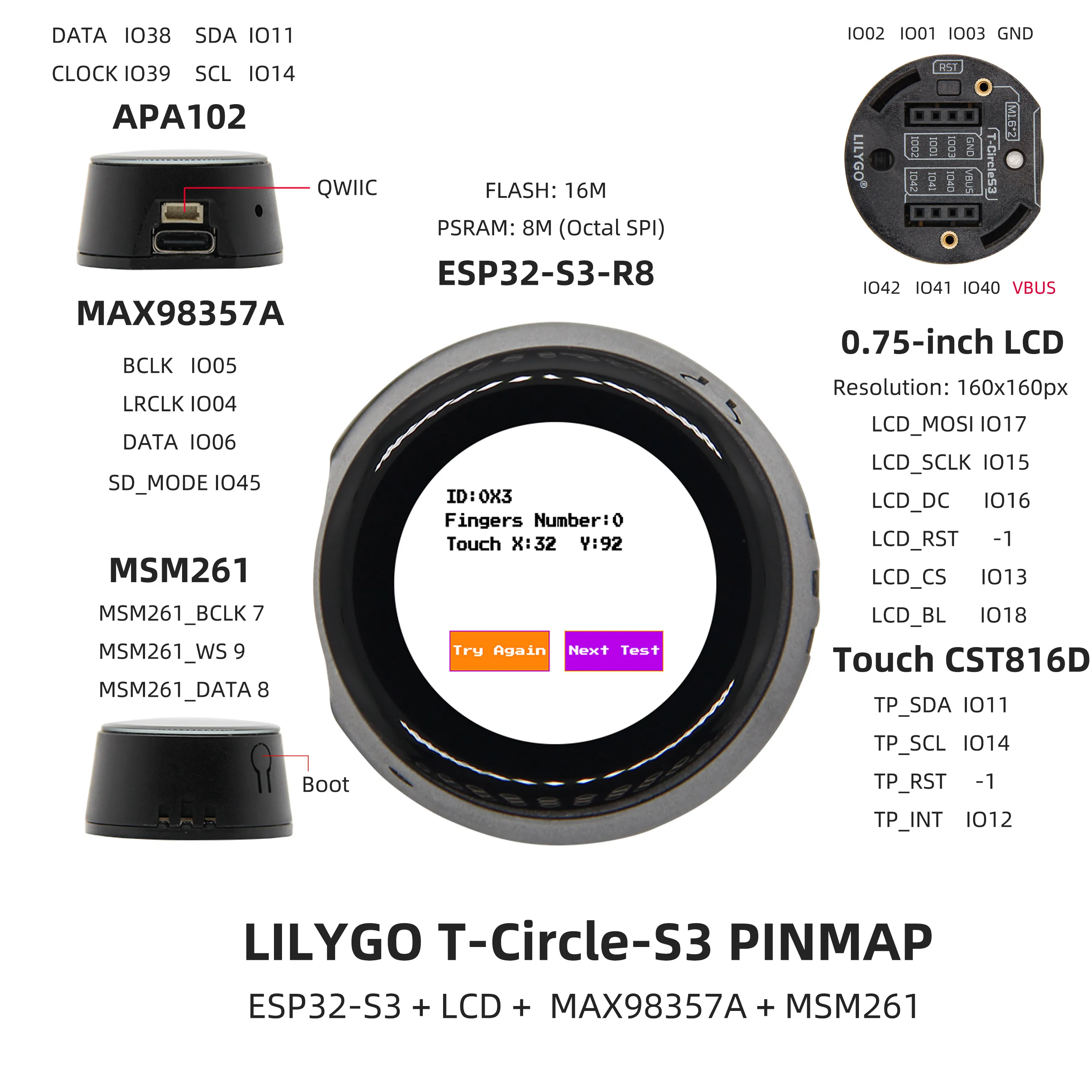 LILYGO T-Circle-S3 AI Smart Module ESP32-S3 with 0.75-inch LCD & Microphone