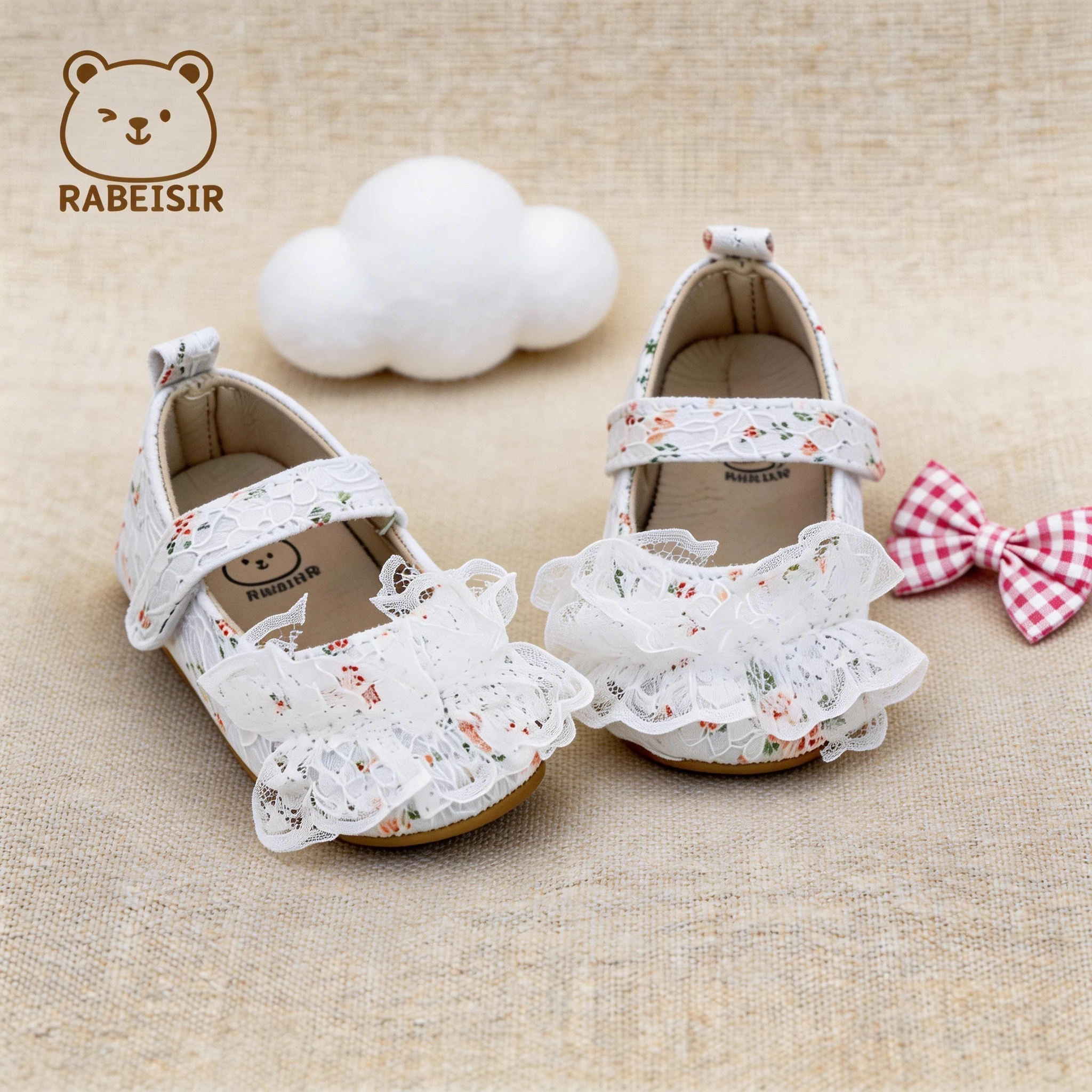 Lace Ruffle Small Floral Print Velcro Baby Girl Princess Walking Shoes