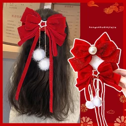 New Red Velvet Big Bow Girls New Year Hair Accessories Net Red Pompon Streamer Hairpin Christmas New Year Decorative Pendant