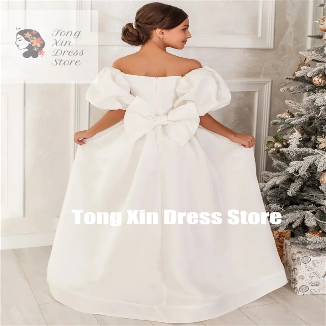 Customized Flower Girl Dresses White Satin Diamond Beltl With Bow Short Sleeves For Wedding Pageant Party Princess Gowns