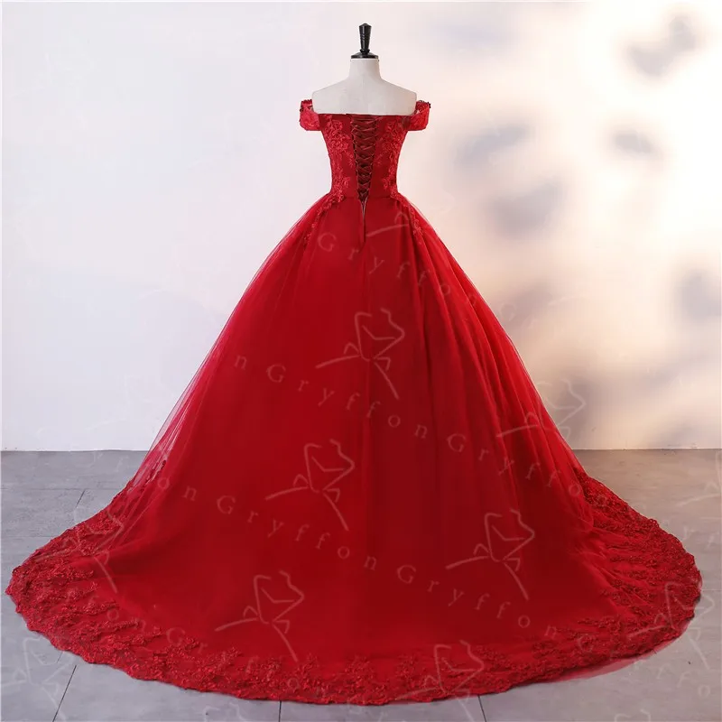 Nieuwe Dark Red Quinceanera Jurken Classic Off Shoulder Baljurk Luxe Lace Party Jurk Zoete Bloem Prom Dress Real Photo