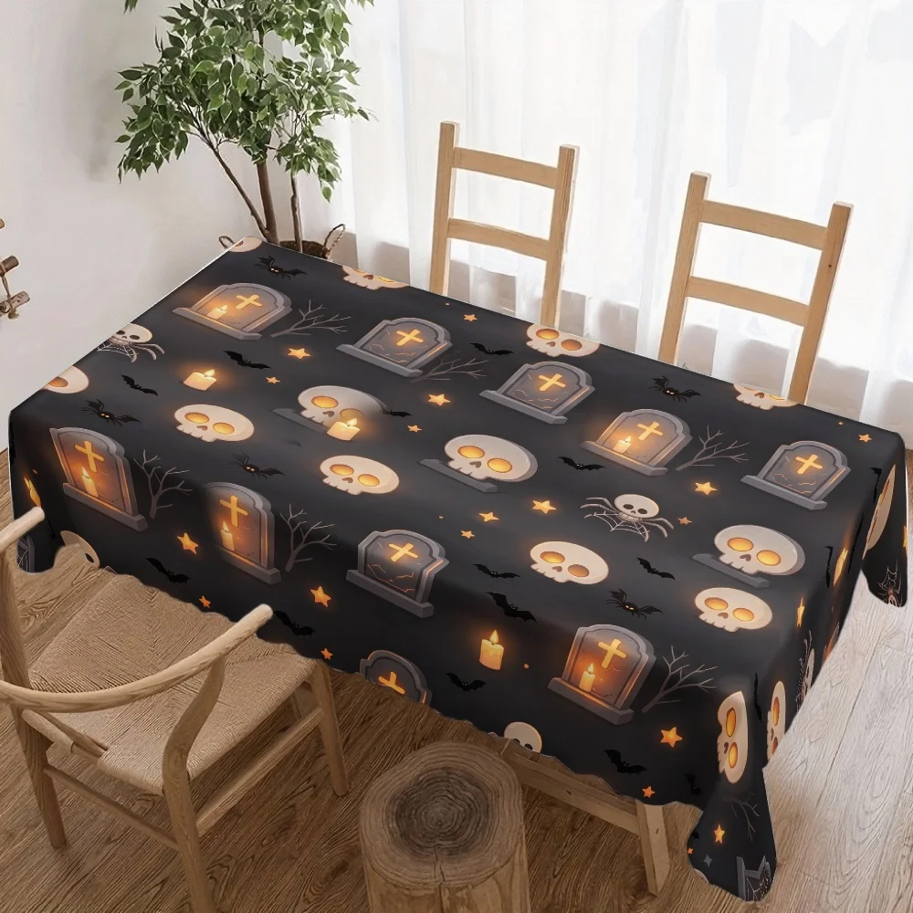 Halloween Rectangle Table Cloth Tombstone Skull Candle Spider Bat Star Table Cover for Indoor Spooky Halloween Dinner Decor