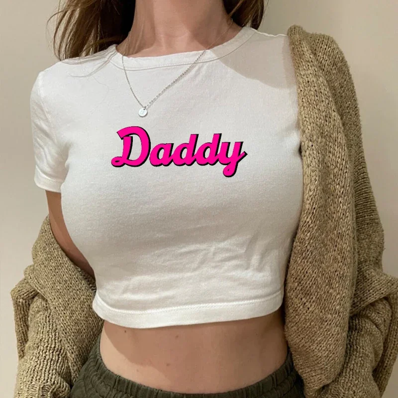 

Funny Daddy Letters Printing Womens Cropped Tops Ladies Summer Fashion Baby Tee Kawaii Vintage 2000s Grunge Clothe T Shirt Femme