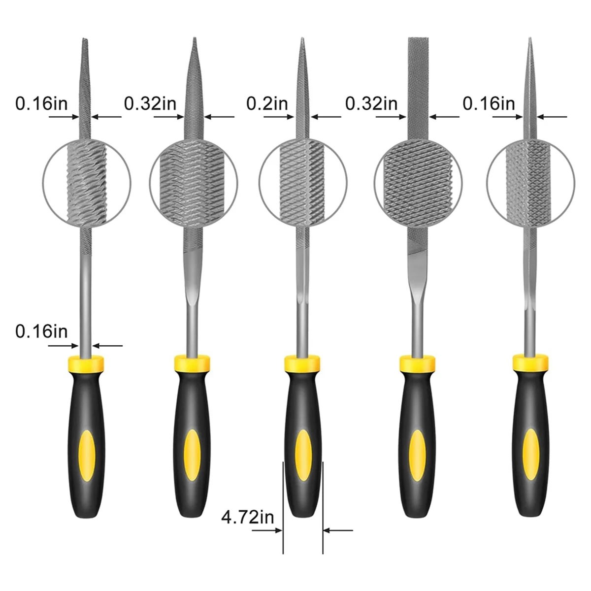 Small Hand Metal File Set, 6.3In, 5Pcs, Strength Alloy Steel Needle Files Round, Bi Half-Round, Flat, Square, Triangular