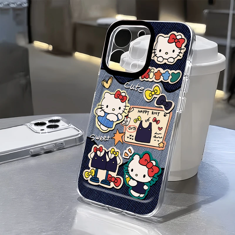 Kawaii Hello Kitty Anime Denim Printed Phone Case for 16 15 14 13 12 Pro Max Plus Cartoon Girls Boy Sanrios Toy Soft Cover Gifts