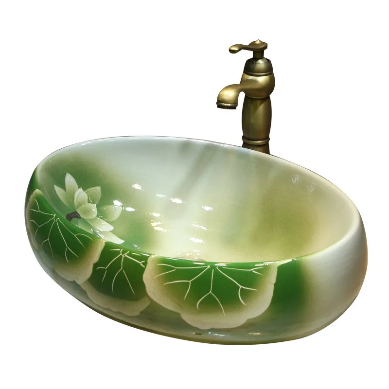 

New Chinese ceramic oval square washbasin, lotus green washbasin, hand-painted antique countertop basin