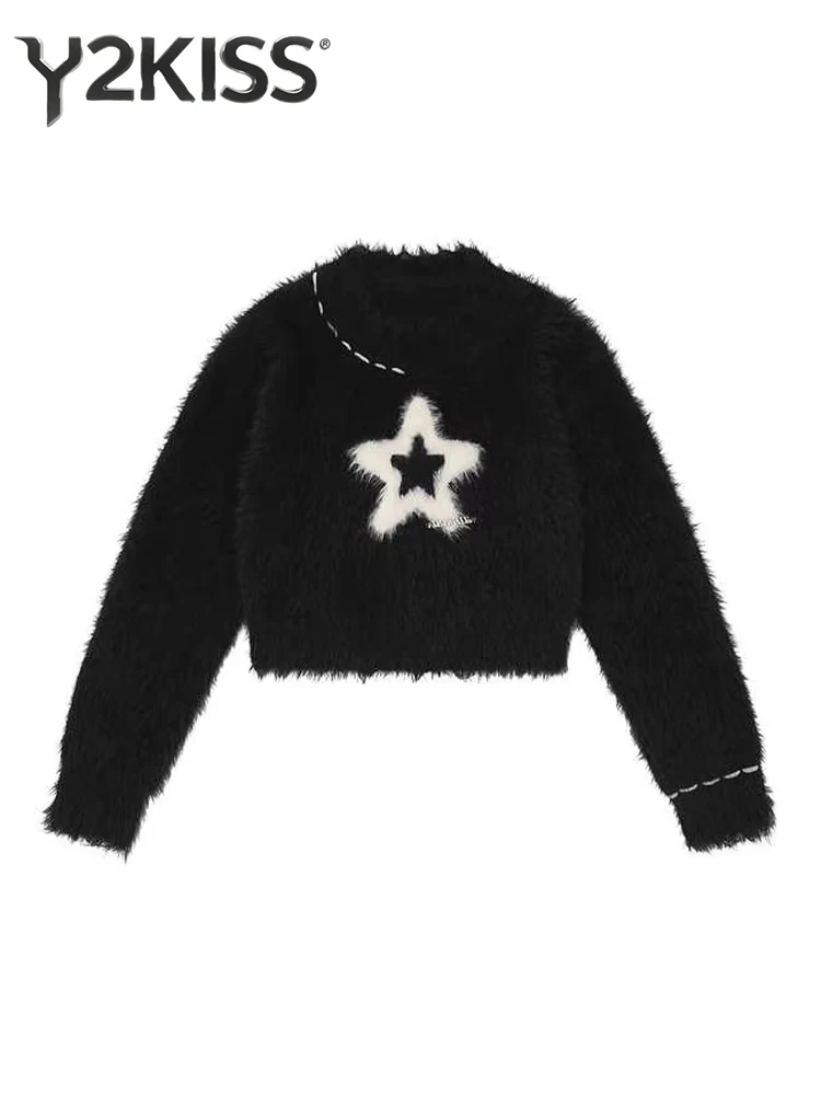 

2025 Autumn Winter Women Kpop Long Sleeve Cuddly Crop Sweater Pullovers Coquette Gyaru Jumper Mohair Knitwear 2000s Aesthetic