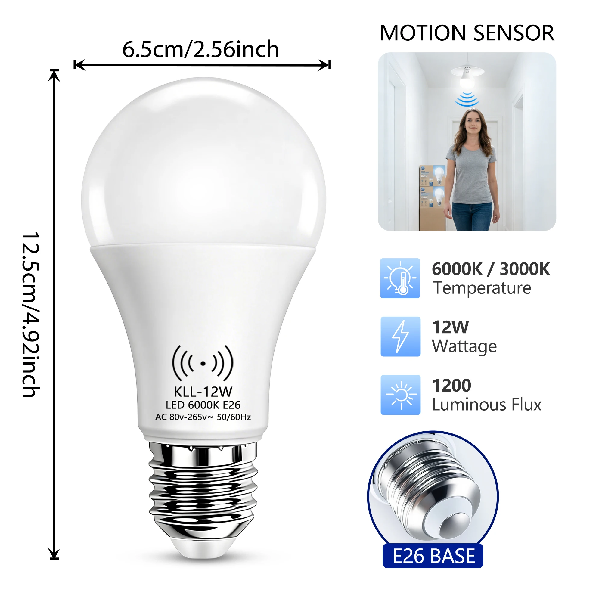 Kasotile 12W LED Bulb Motion Sensor A21 80-265V Light Bulb Auto On Off Sensor Infrared Motion Detect Night Lamp