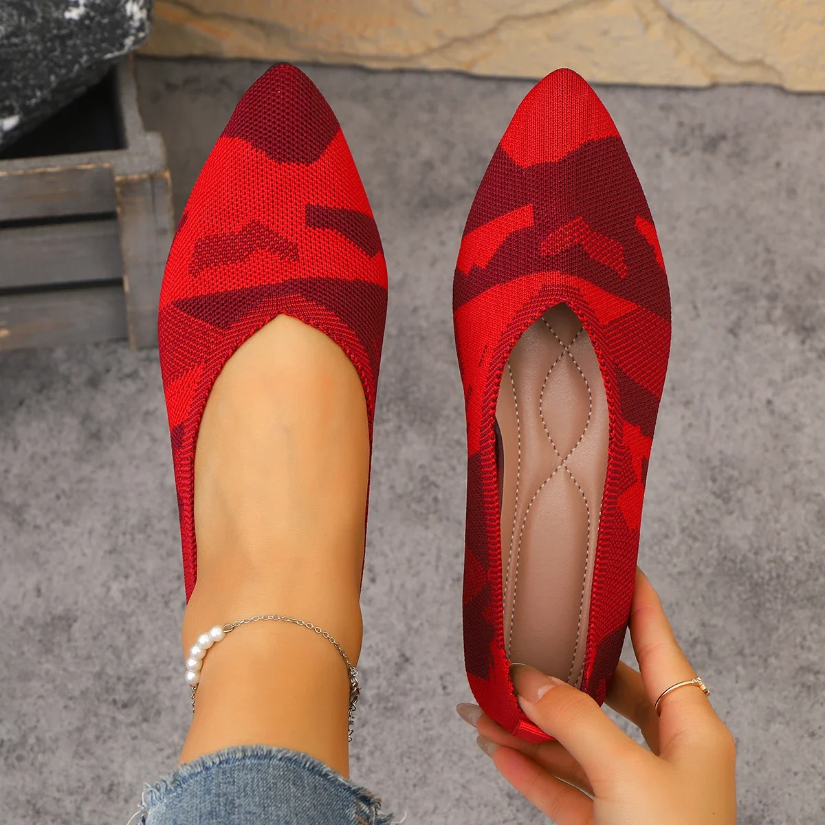 

Женские модные кроссовки на плоской подошве для отдыха, женские весенне-осенние туфли на плоской подошве, вязаные эластичные лоферы с острым носком, удобная бутиковая обувь