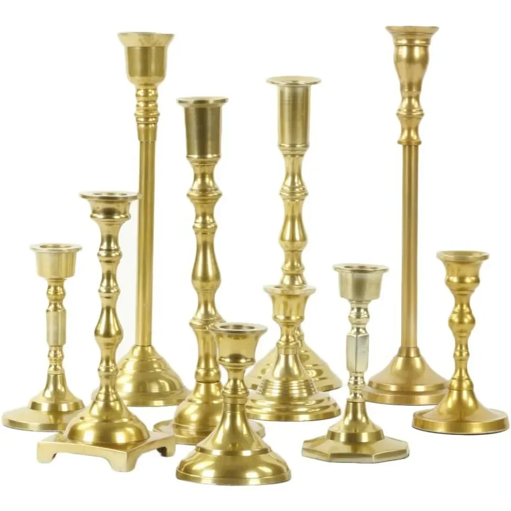 Gold Mixed Taper Holders, Set of 10, Mismatched Candlesticks Set, Bohemian Decorative