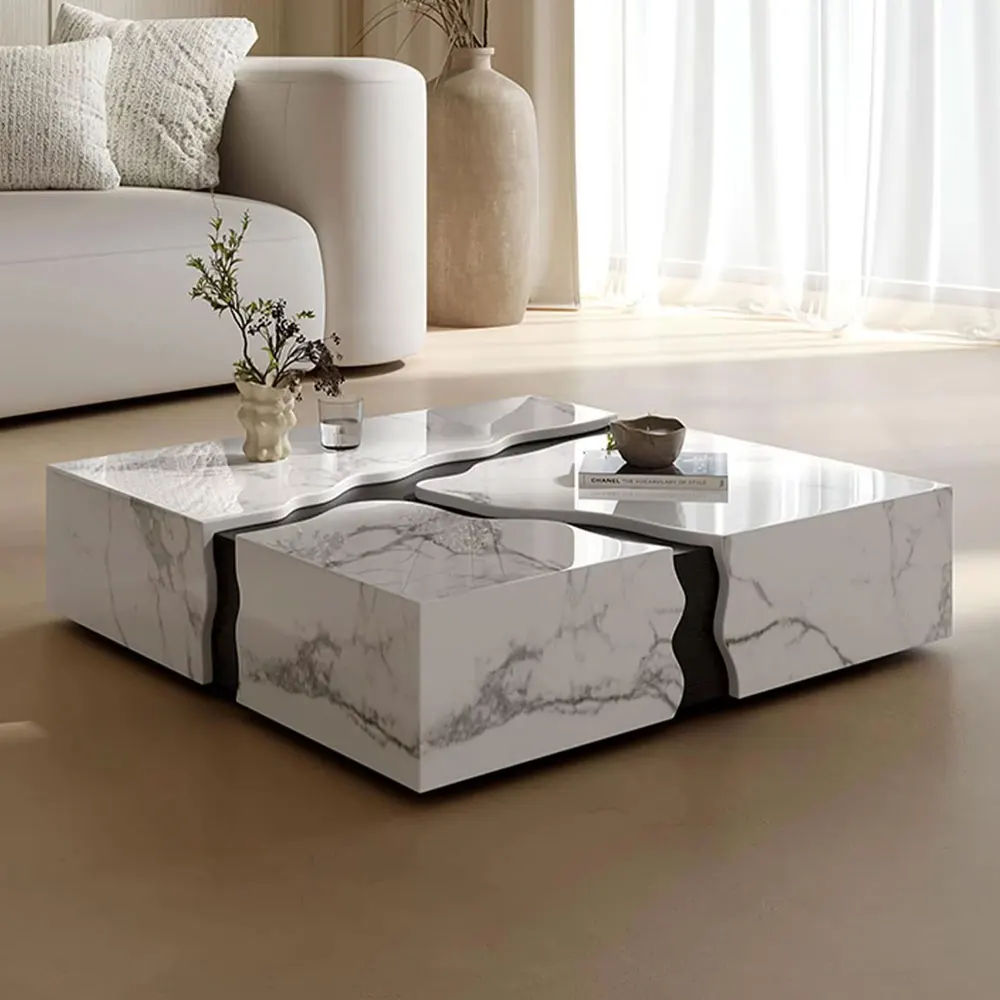 Factory Wholesale Home Furniture Solid Wood Side Tables Square Natural Travertine Top Coffee Table for Living Room Luxury