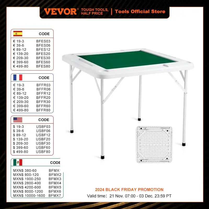 VEVOR Mahjong Table 4 Player Folding Domino Table with Wear-Resistant Green Tabletop Portable Square Card Table 4 Chip Trays