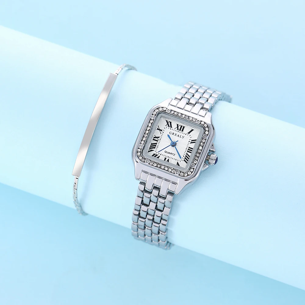 Fashion Square Diamond Roman Steel Belt Quartz Watch Bracelet