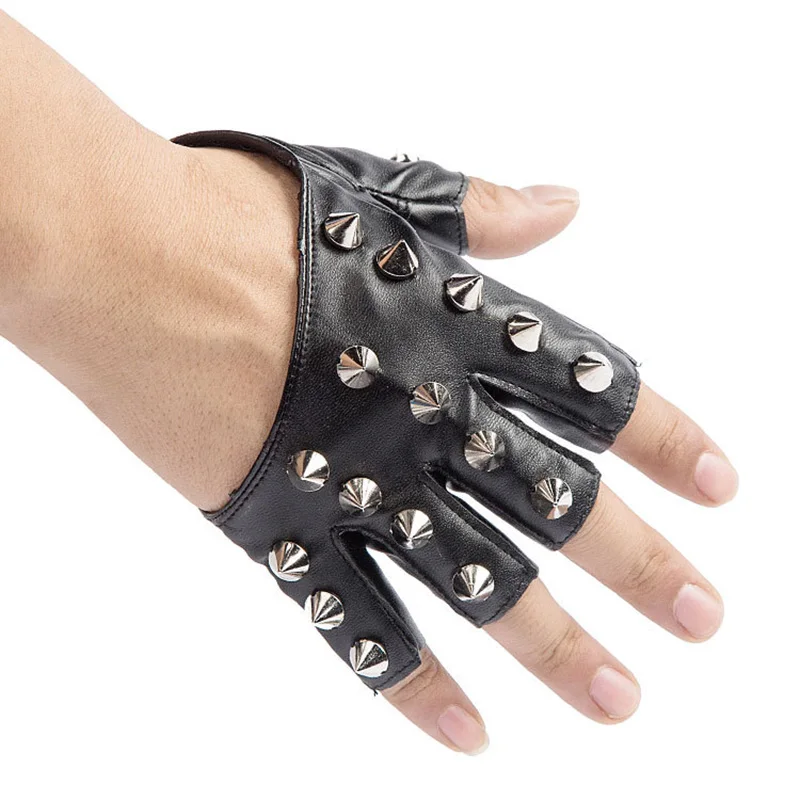 Sexy Men Women Night Club Pole Hip Hop PU Leather Mitten Gothic Rivet Punk Rock Street Break Dance Show Half Finger Glove P42