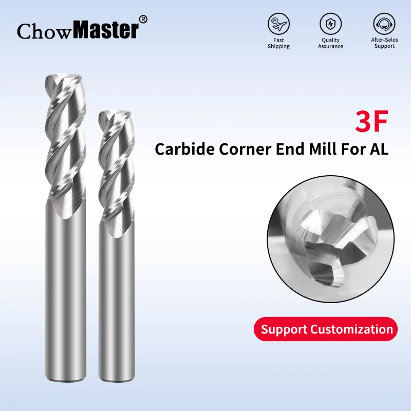 Chowmaster Carbide Corner Radius Endmill 3F Uncoated R Bullnose Tungsten Carbide Milling Cutter for Aluminum CNC Cutting Tools