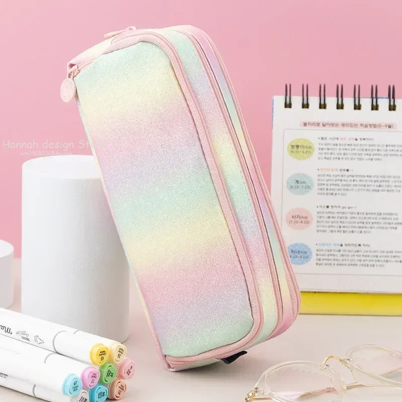 Rainbow Pencil Case for Girls School Pencilcase Large Capacity Stationery Organizer Pen Box Three Zipper Pouch Office Bag