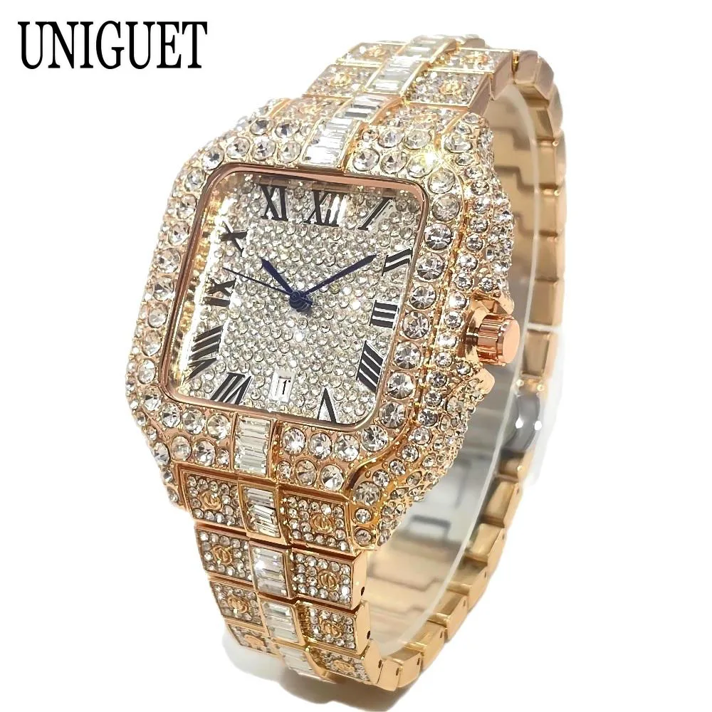 2024 New UNIGUET Iced Out Watch For Men Fashion Bling Jewelry Quartz Watches Male Hip Hop Diamond Square Wristwatch Dropshipping