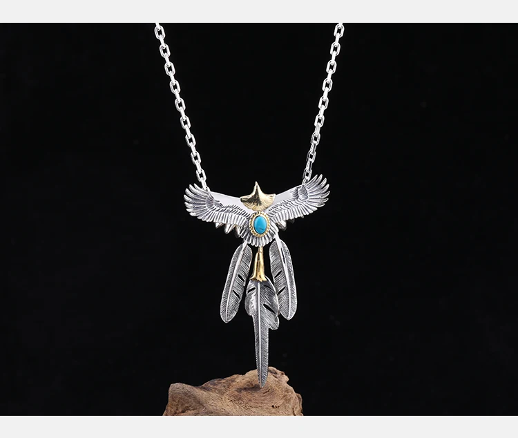 S925 Sterling Silver Feather Eagle Pendant Taijiao Chain Street Shoot Hip Hop Same Style Necklace Sweater Chain