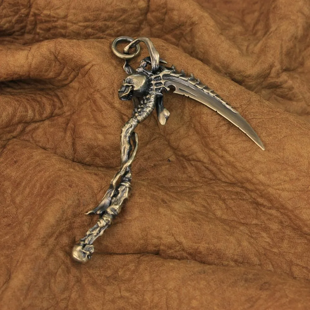 Huge Details Brass Grim Reaper Skull Sickle Scythe Pendant Biker Punk Jewelry BR22