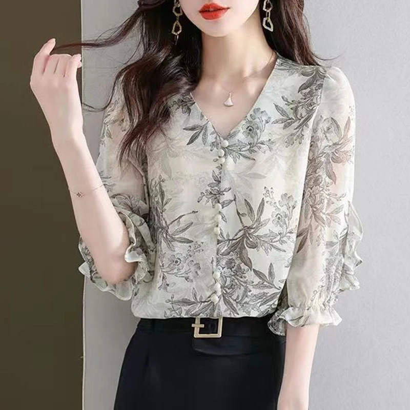 Women Korean Style Ruffle Print Sweet Elegant Blouse Summer Fashion V Neck 3/4 Sleeve Shirt Chic Casual Loose Chiffon Top Blusas