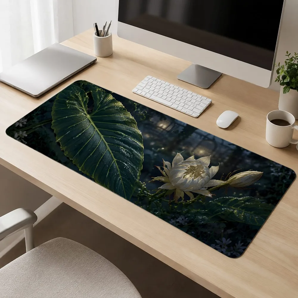 Mouse pad, green leaves and white flowers anti-slip bottom computer table, office desk, desktop decoration item tapis de souris
