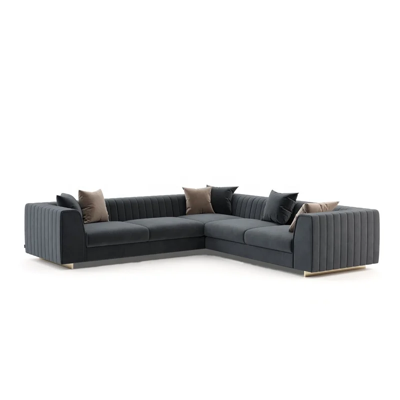 AIROW Velvet L-shaped Sectional Sofa for Villa and Hotel Lobby