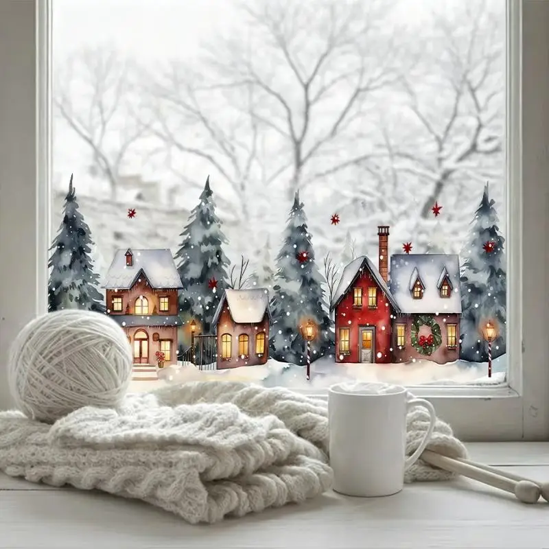 Comfortable Winter Watercolor Village Window Stickers Snow House Pine Tree Streetlights Christmas Glass Decorative Patterns