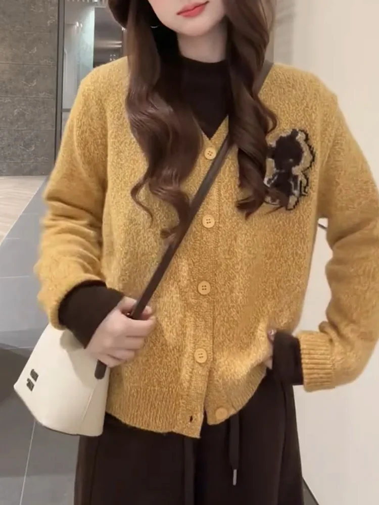 

Korean Sle Lazy Feel Embroidery V-ne Knitted Open Cardigan Autumn New plus Size Slimming Top Warmth sion Long Sve